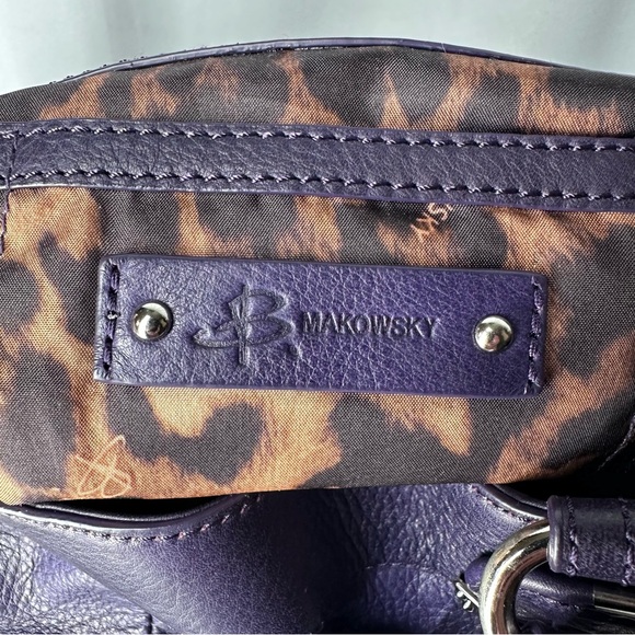 B. Makowsky Purple Pebbled Leather Satchel Cheetah Lining EUC - Picture 9 of 16